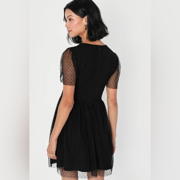 Lulu’s Radiating Chic Black Mesh Swiss Dot Short Sleeve Mini Dress - Picture 2 of 5